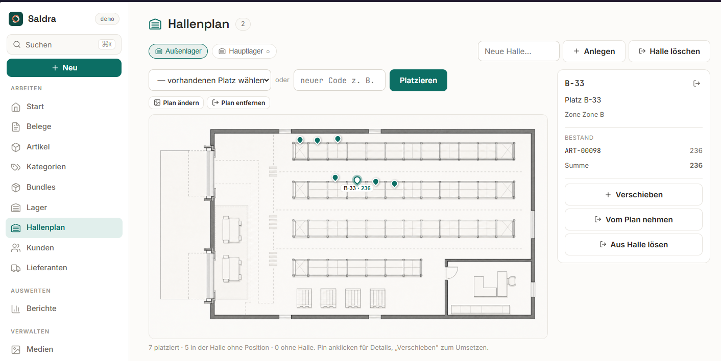 Saldra Hallenplan: Lagerplätze als Pins auf dem Hallen-Grundriss, ausgewählter Platz B-33 mit Bestandsliste und Summe